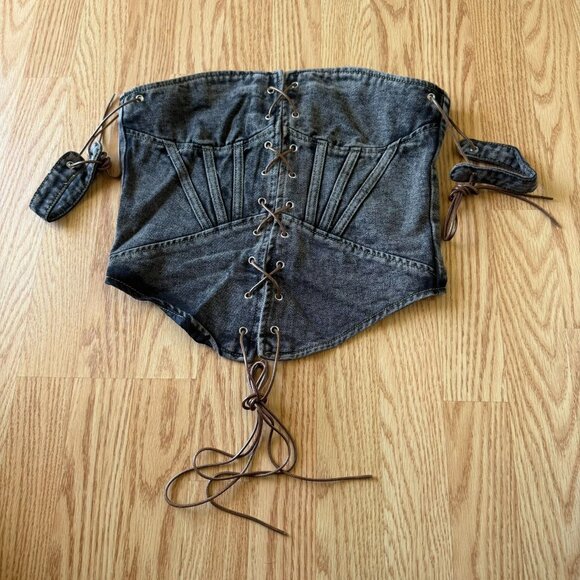 PrettyLittleThing Shape Brown Lace Up Denim Corset Top Size 6 Structured Bustier - Picture 2 of 6